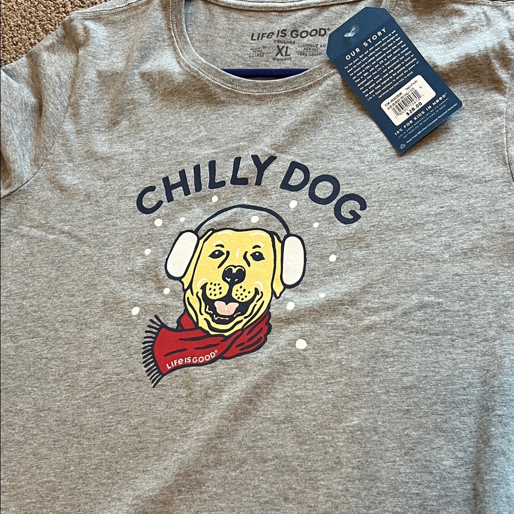 Life Is Good Gray Tee with Yellow Dog and Red Scarf